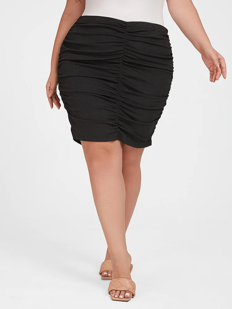 Plus Sized Clothin Black Ruched One-Step High Waist Bodycon Office Female Slim Knee Length High Waist Stretch Sexy Pencil Skirts