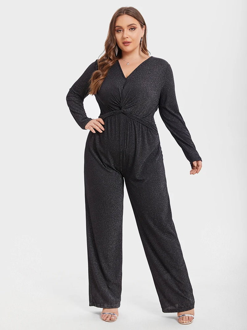 Plus Sized Clothing Women Casual Long Sleeve V-Neck Twist Front Glitter Jumpsuit Solid Color Fashion Ladies Wide Leg Rompers