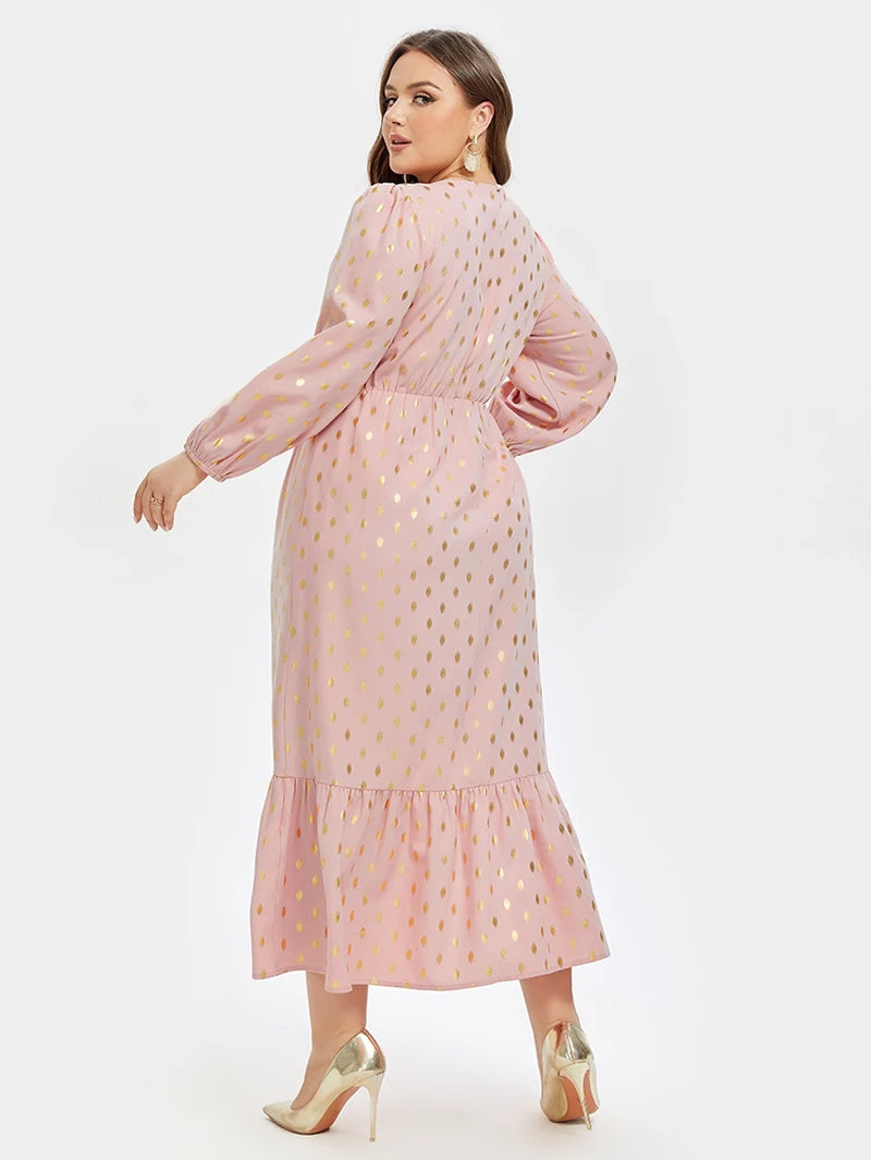 Plus Sized Clothing Fashion Polka Dot V Neck Ruffle Hem Dress Women Pink Long Sleeve Lanter Sleeve Elegant Party Maxi Dress