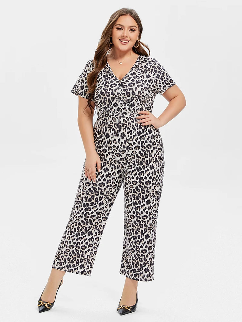 Plus Sized Clothing Women Fashion Leopard Print V-Neck Jumpsuit Short Sleeve V-Neck Slim Straight Rompers