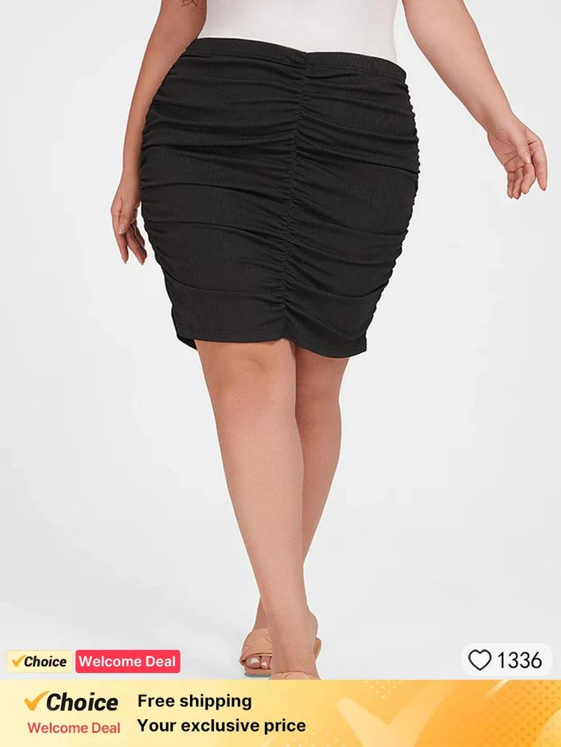 Plus Sized Clothin Black Ruched One-Step High Waist Bodycon Office Female Slim Knee Length High Waist Stretch Sexy Pencil Skirts