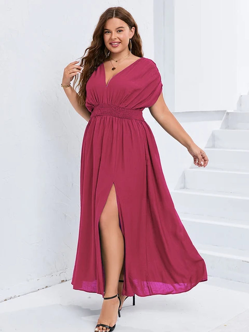 Plus Sized Clothing Fashion Women V-Neck Batwing Sleeve Pocket Ruched Waist Maxi Dress Elegant Vintage Party Dress 2024