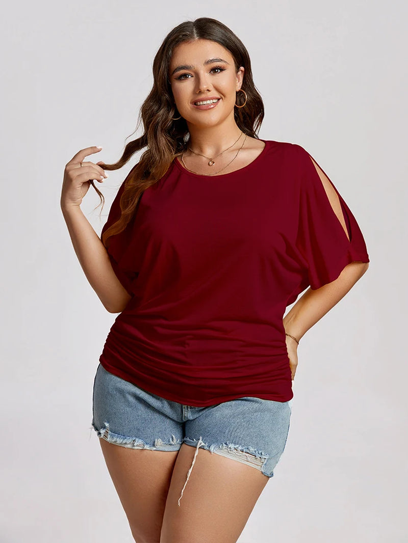 Women's Plus Size Casual Tee with Ruched Split Sleeves