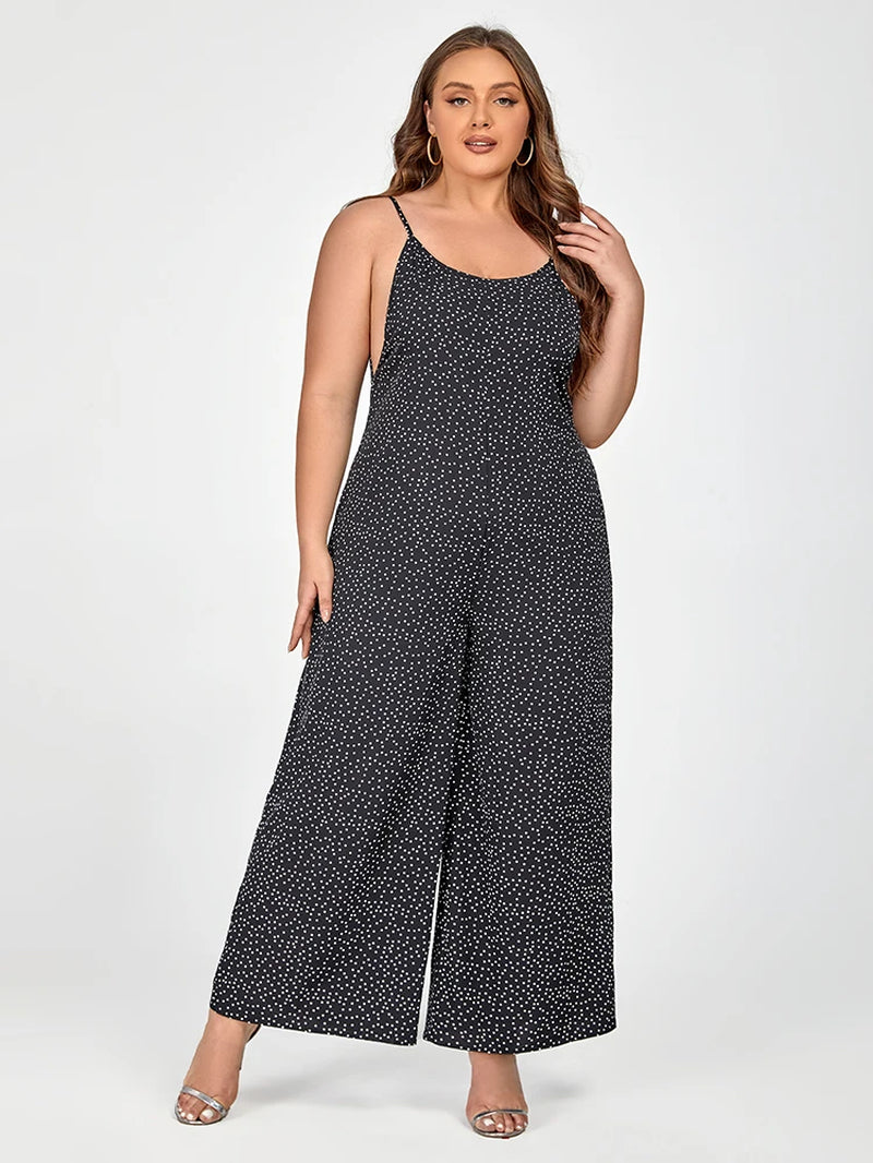 Plus Sized Clothing Women Black Polka Dot Spaghetti Strap Jumpsuit with Pockets Wide Leg Pants Female Clothes Summer Jumpsuit