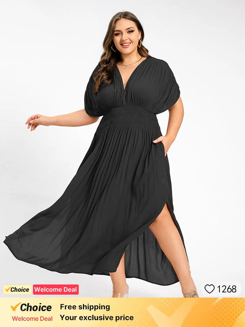 Plus Sized Clothing Fashion Women V-Neck Batwing Sleeve Pocket Ruched Waist Maxi Dress Elegant Vintage Party Dress 2024