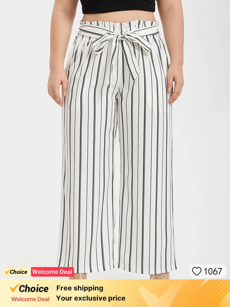 Plus Sized Clothing Women'S Stripe High Waist Wide Leg Belted Pants with Pockets Summer Thin Loose Casual Pants Long Trousers
