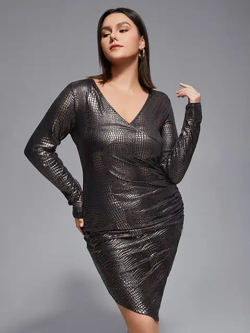 Plus Sized Clothing Women'S Fashion Solid Color Faux Leather Shirred Asymmetric Hem Dress Sexy Bodycon Party Club Mini Dress