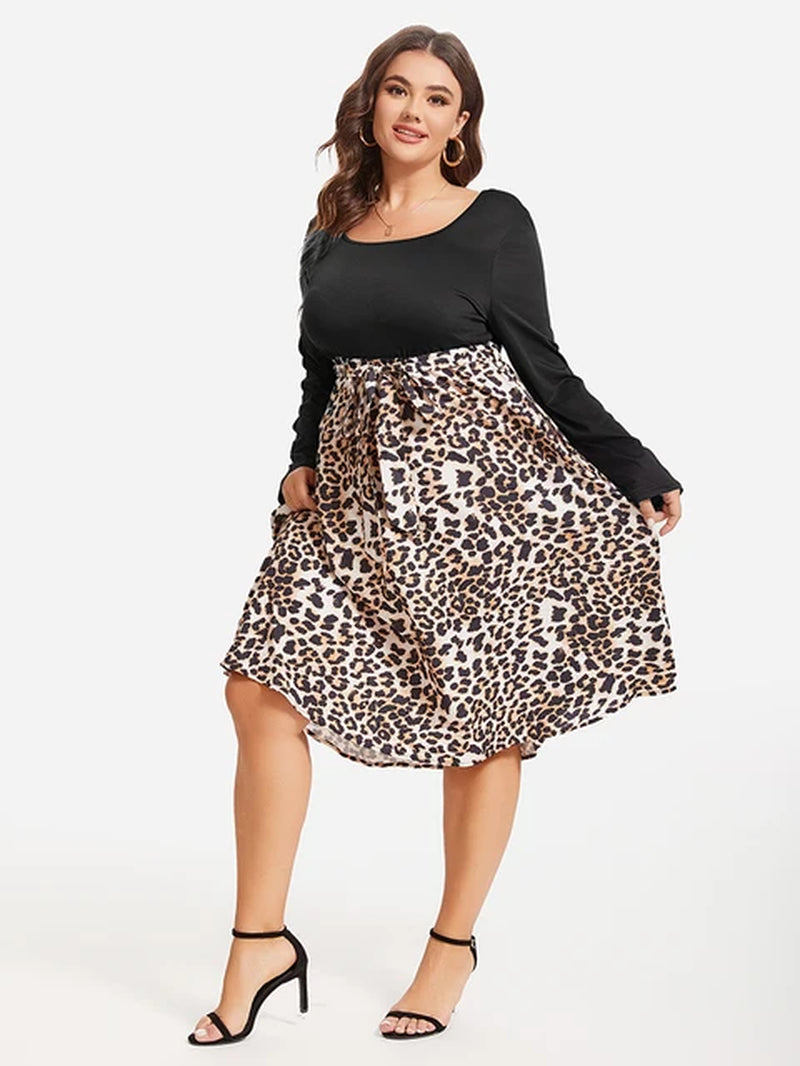 Plus Sized Clothing Women'S Leopard Print Dress Long Sleeve Square Neck Belt Mid Length Dresses for Women Elegant Casual Dresses