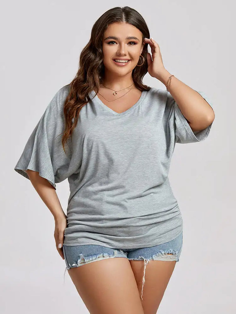 Women's Plus Size Cotton Ruched Batwing Sleeve V-Neck Short Sleeve Tee