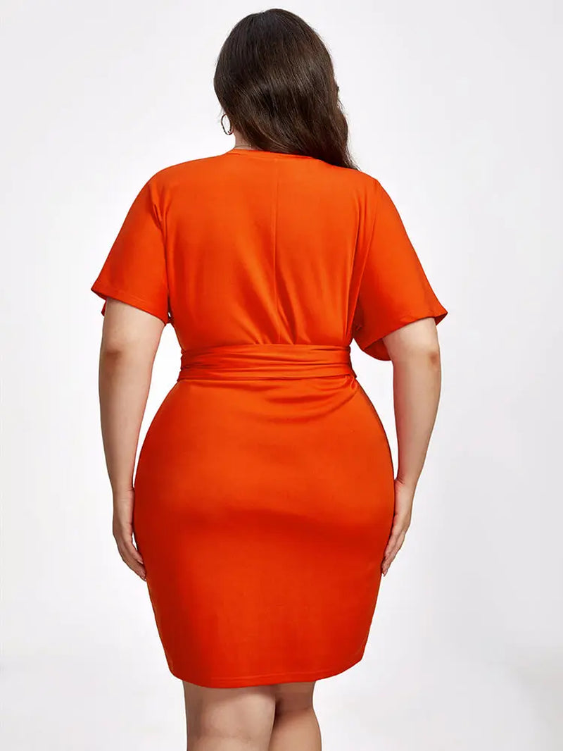 Plus Sized Clothing Casual plus Orange round Neck Tie Front Dress Sexy Bodycon Elegant Ladies Party Dress