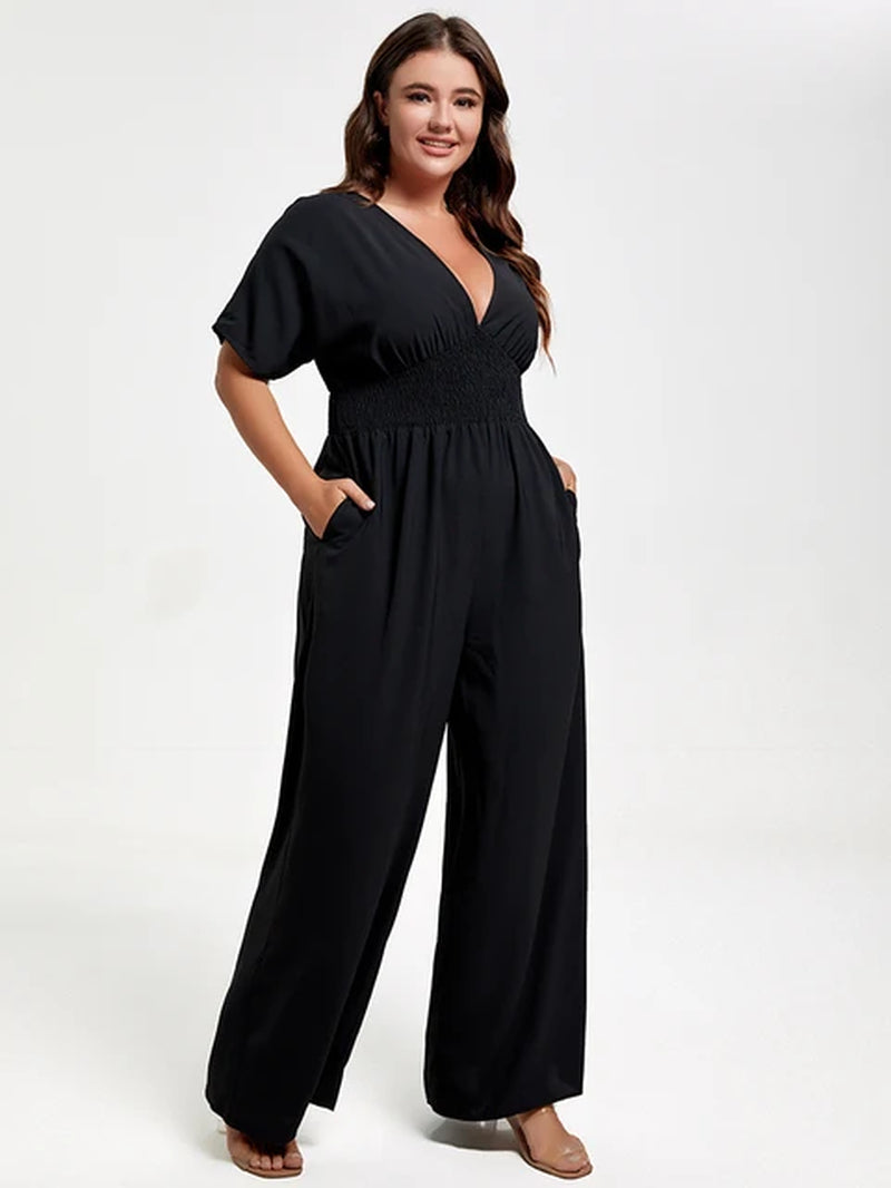 Plus Sized Clothing Elastic Waist V Neck Dolman Sleeve Jumpsuit Casual Shirred Wide Leg Pants Rompers Office Jumpsuit