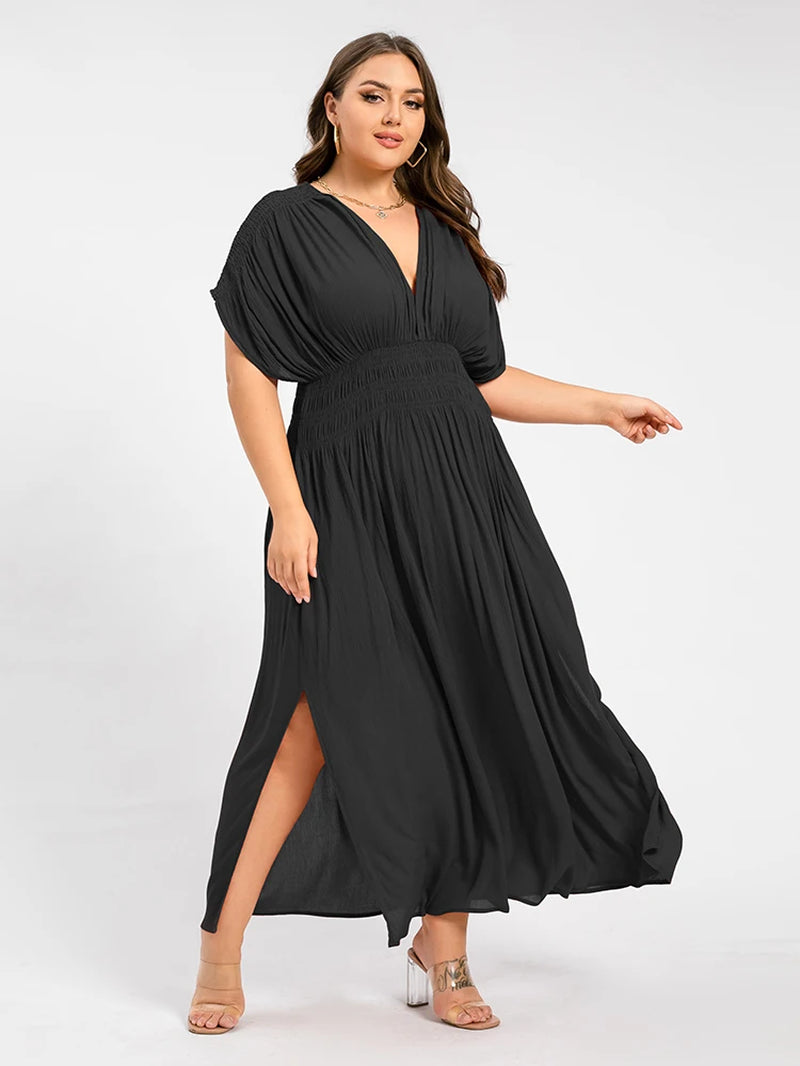 Plus Sized Clothing V-Neck Batwing Sleeve Pocket Ruched Waist Maxi Dress Elegant Club Evening Dress 2024 for Women