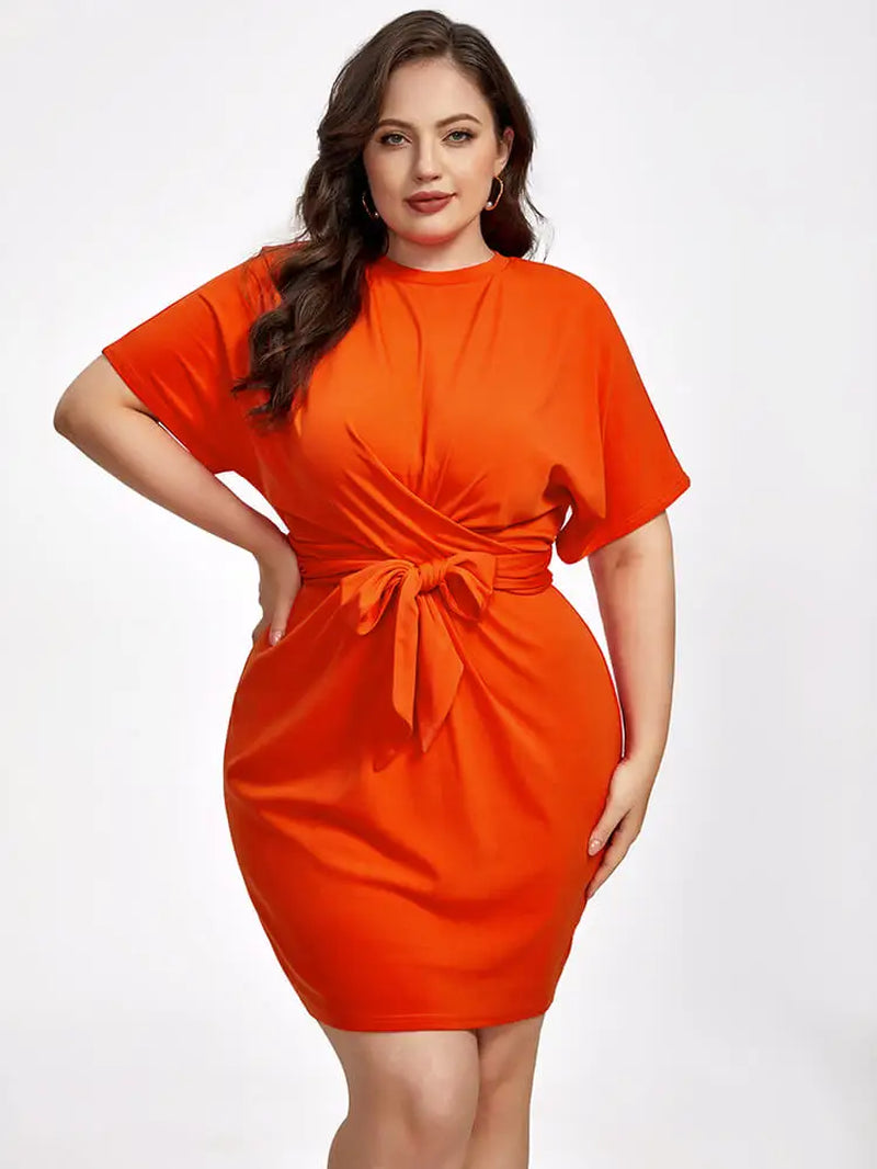 Plus Sized Clothing Casual plus Orange round Neck Tie Front Dress Sexy Bodycon Elegant Ladies Party Dress