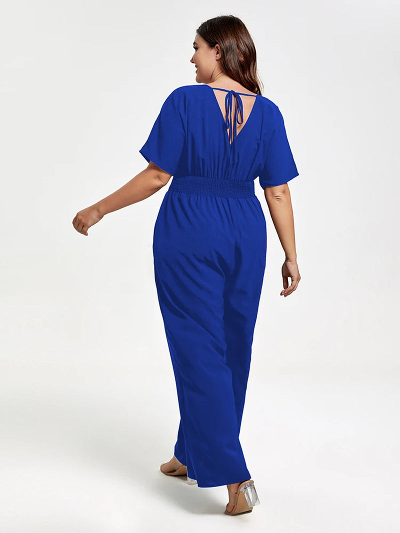 Plus Sized Clothing Sapphire Shirred Waist Tie Back Dolman Sleeve Jumpsuit with Pockets Women Casual Wide Leg Pants Jumpsuit