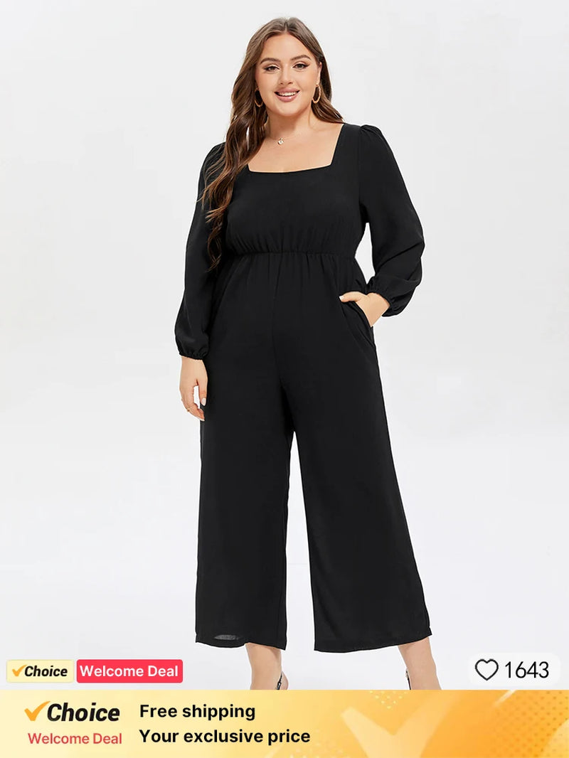 Plus Sized Clothing Women Waist Long Rompers Lantern Sleeve Jumpsuits Solid Square Neck Pocket Tie Back Wide Leg Overalls