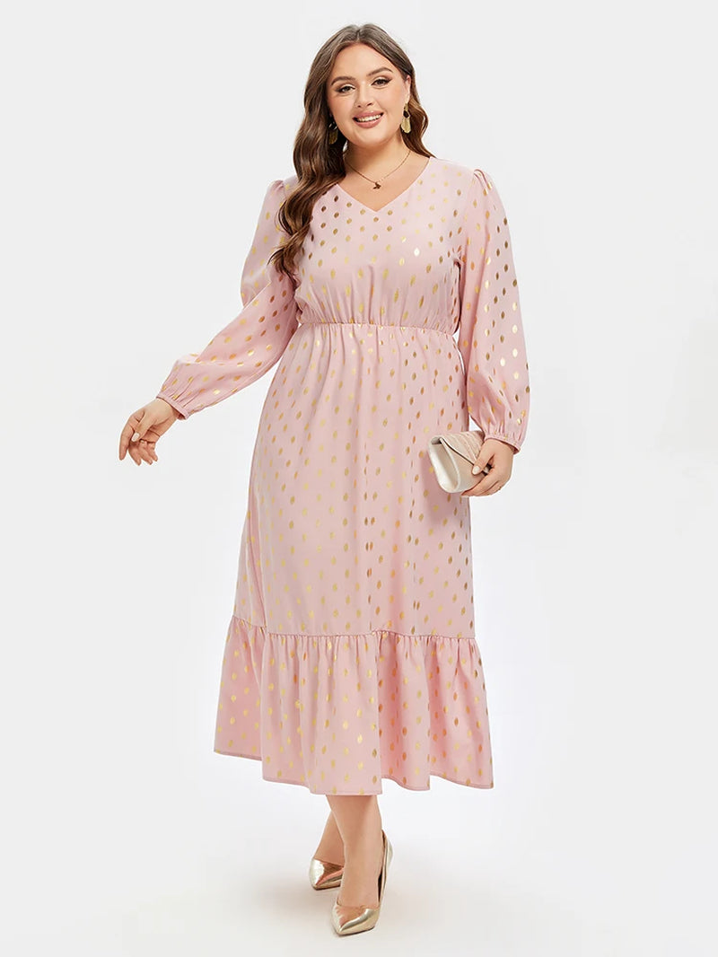 Plus Sized Clothing Fashion Polka Dot V Neck Ruffle Hem Dress Women Pink Long Sleeve Lanter Sleeve Elegant Party Maxi Dress
