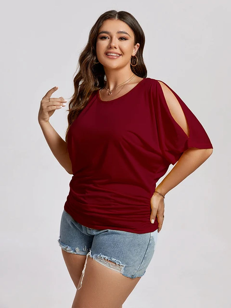 Women's Plus Size Casual Tee with Ruched Split Sleeves