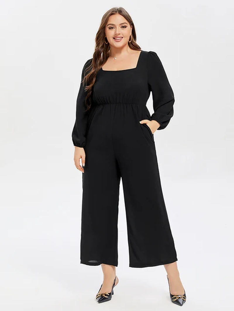 Plus Sized Clothing Women Waist Long Rompers Lantern Sleeve Jumpsuits Solid Square Neck Pocket Tie Back Wide Leg Overalls