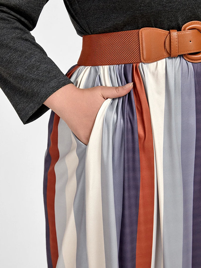 Plus Sized Clothing Women'S Colorblock Striped Patchwork Pocket Maxi Dress Casual O Neck Elegant Vintage Female Holiday Dress