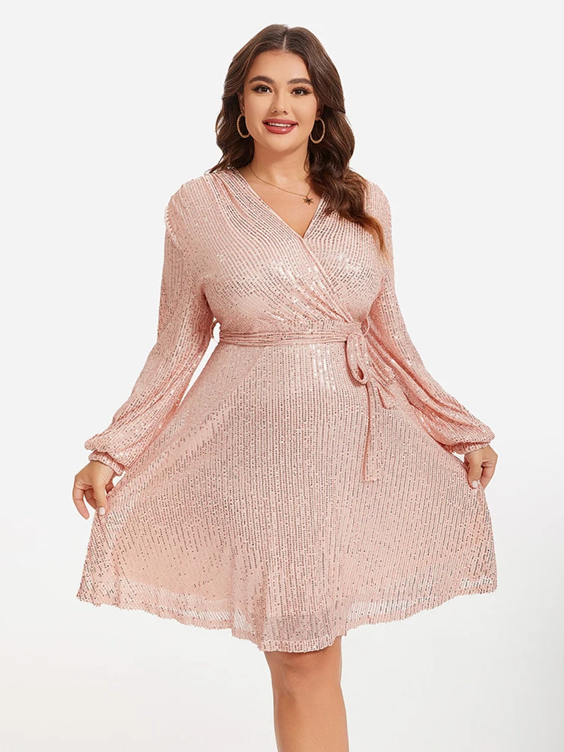 Plus Sized Clothing Sequin Wrap Dress Sexy V Neck Lantern Sleeve Belted Party Dresses Nightclub Outfits Short Dress