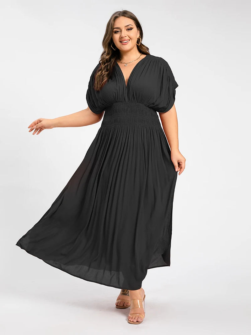Plus Sized Clothing V-Neck Batwing Sleeve Pocket Ruched Waist Maxi Dress Elegant Club Evening Dress 2024 for Women