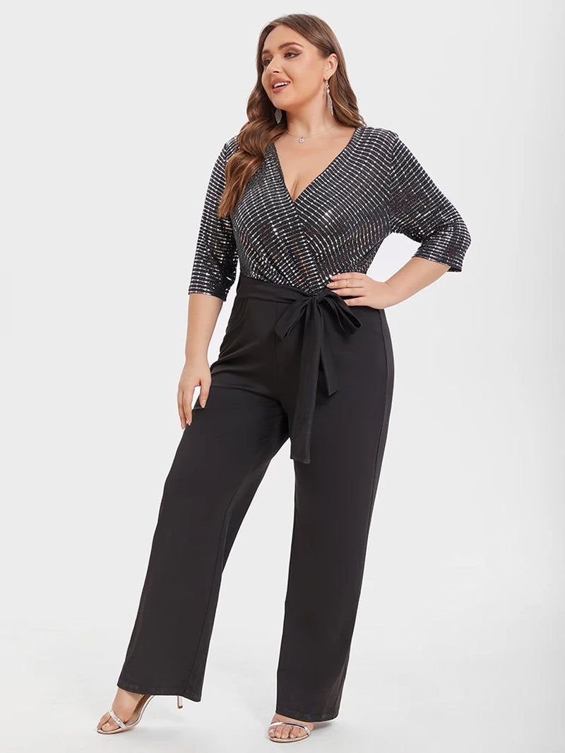 Plus Sized Clothing Chic Jumpsuit with Belt Women Patchwork Contrast V-Neck Long Sleeve Sequin Evening Host Jumpsui
