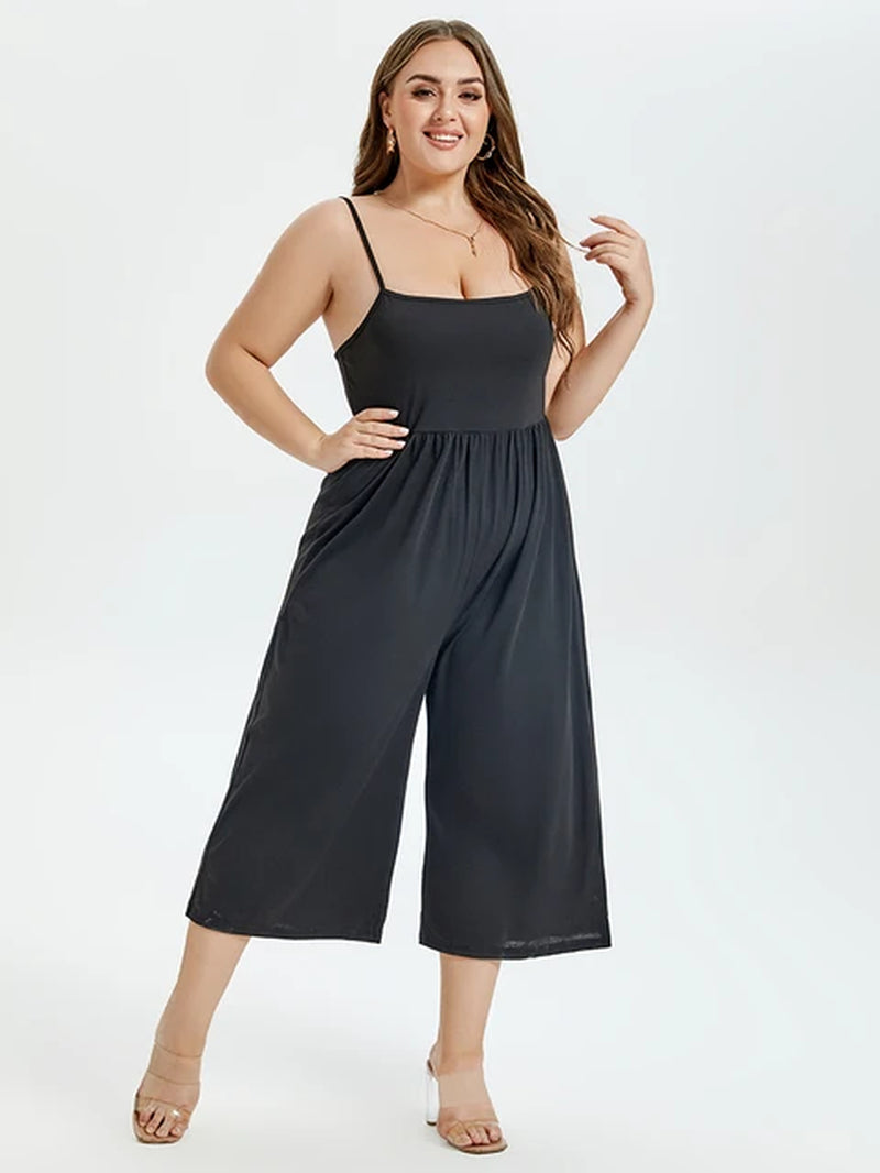 Plus Sized Clothing Women Sleeveless Solid Elegant Summer Strap Loose Jumpsuit Romper Fashion Sleeveless Wide-Leg Trousers