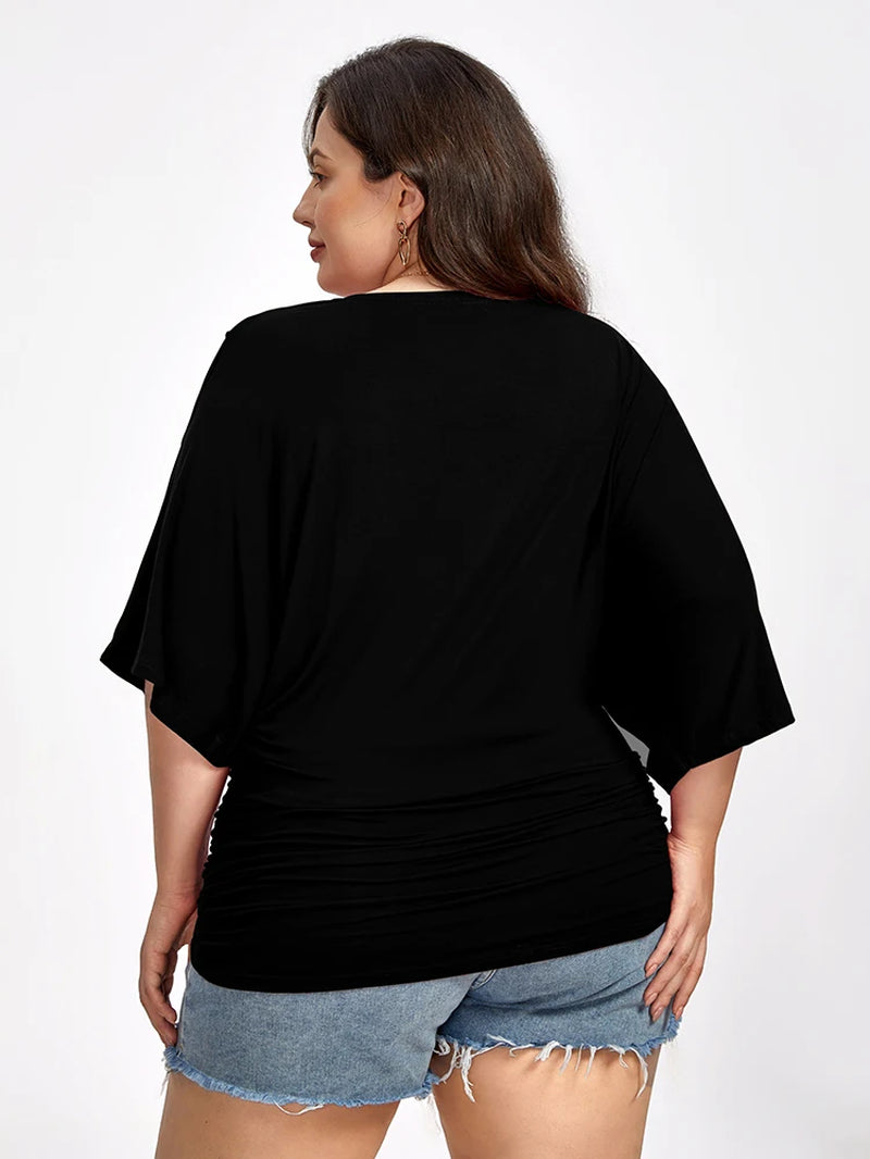 Women's Plus Size Casual Batwing Sleeve V-Neck Tee with Ruched Hem