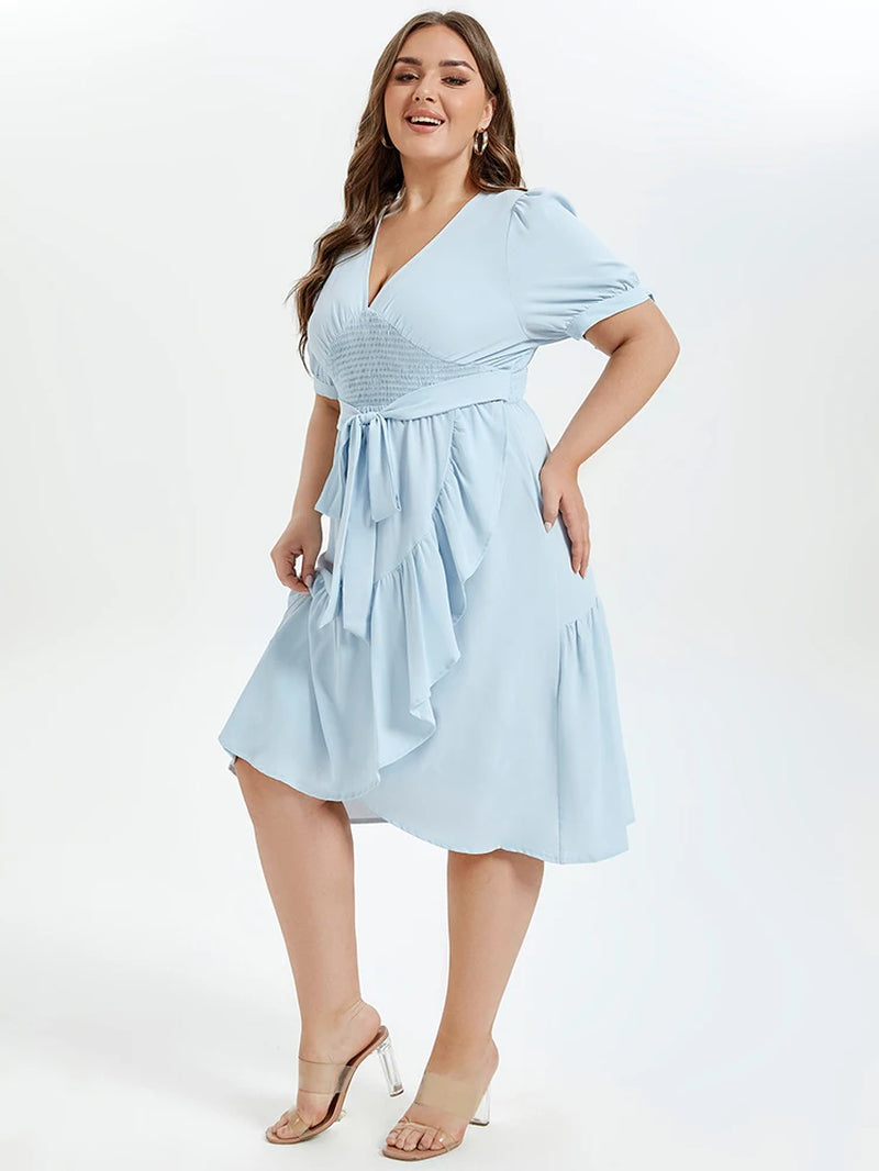 Plus Sized Clothing Women'S V-Neck Puff Sleeve Ruffle Trim Tie Front Midi Dress Solid Summer Casual Shirred Vacation Dresses