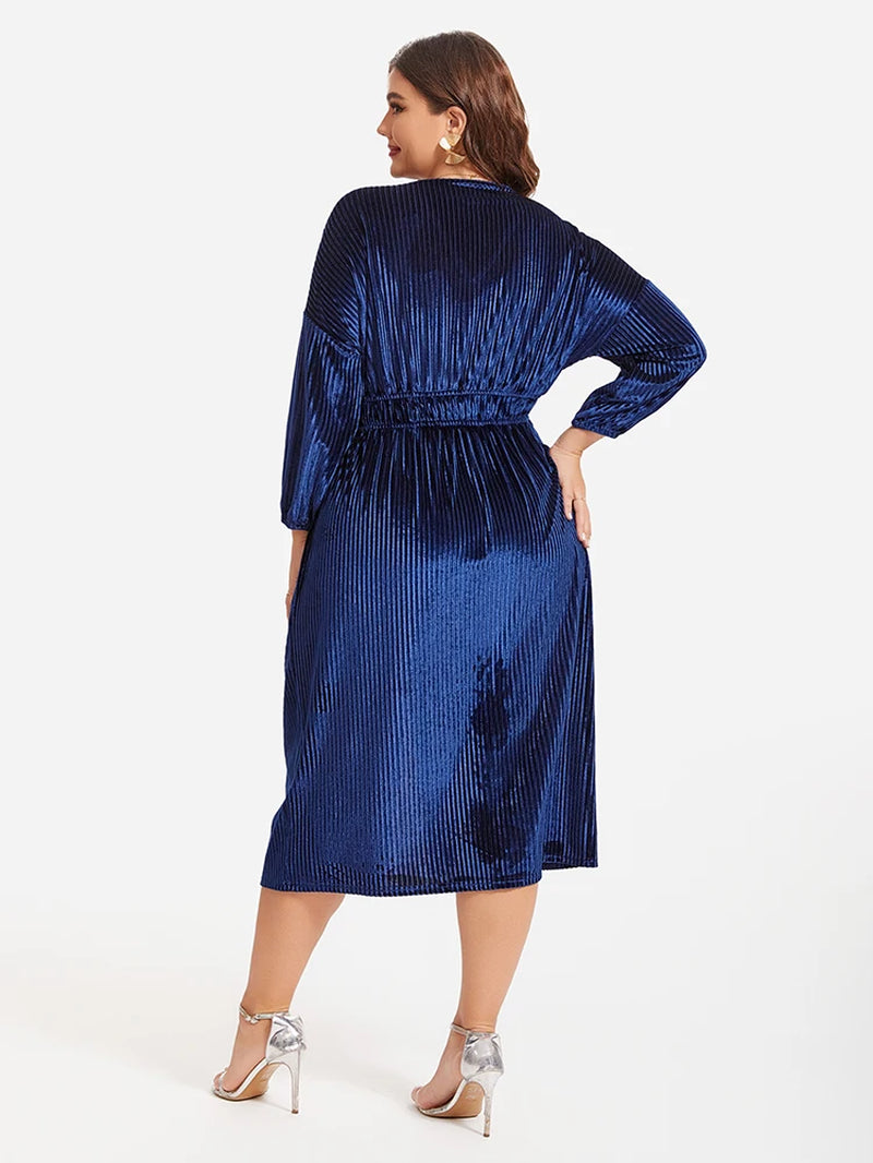 Plus Sized Clothing Navy Blue Elegant Velvet Dress V Neck Long Sleeve Drawstring Waist Split Fashion Long Sleeve Midi Dress