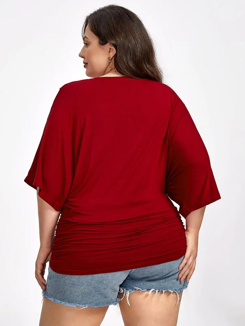 Women's Plus Size Casual Batwing Sleeve V-Neck Tee with Ruched Hem