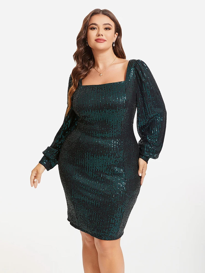 Plus Sized Clothing New Fashion Summer Green Square Neck Puff Sleeve Sequin Dress Sexy Party Wedding Large Female Evening Dress