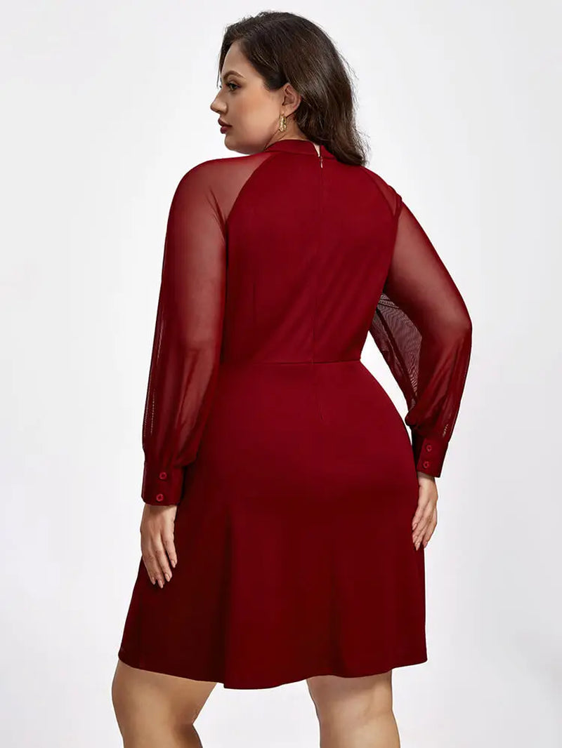 Plus Sized Clothing Women Summer Solid Color Hollow Out Mesh Long Sleeve Dress Elegant Formal Business Dress