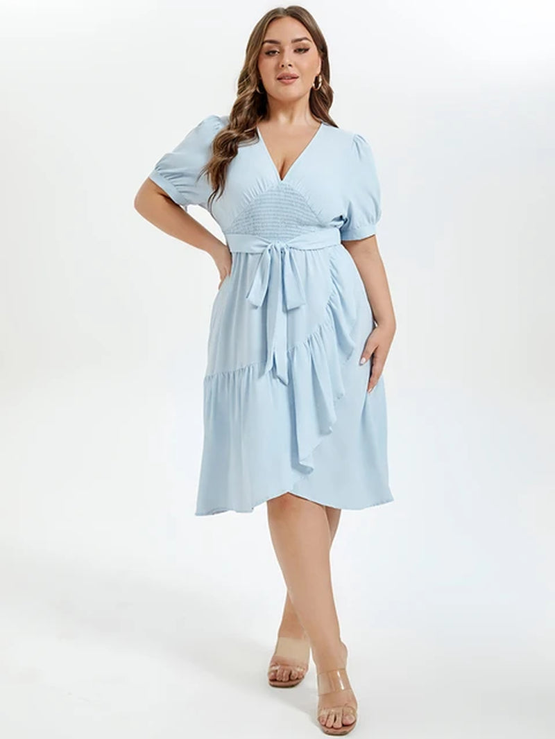 Plus Sized Clothing Women'S V-Neck Puff Sleeve Ruffle Trim Tie Front Midi Dress Solid Summer Casual Shirred Vacation Dresses