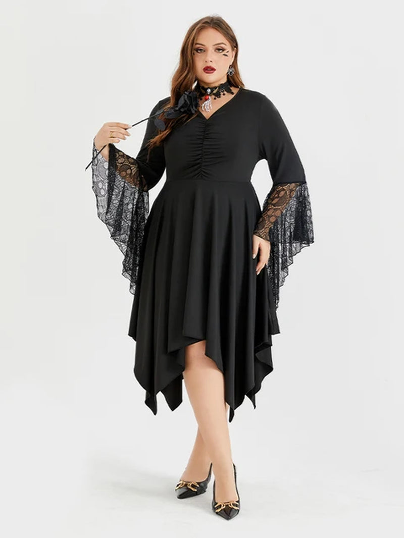 Plus Sized Clothing Cosplay Costume Witch Vampire Gothic Dress up Party Halloween Skeleton Lace Asymmetrical Hem Midi Dress