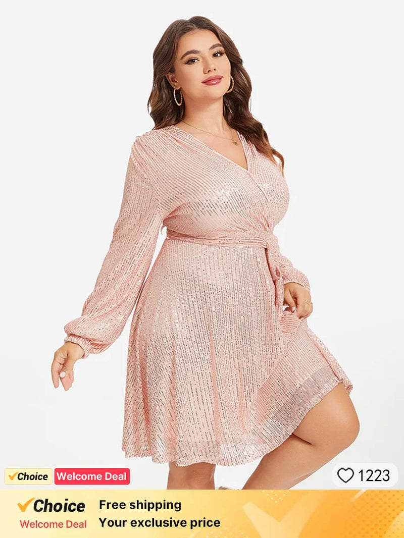 Plus Sized Clothing Sequin Short Dress Sexy V-Neck Lantern Long Sleeve Belt Wrap Party Dresses 2024 Nightclub Outfits New