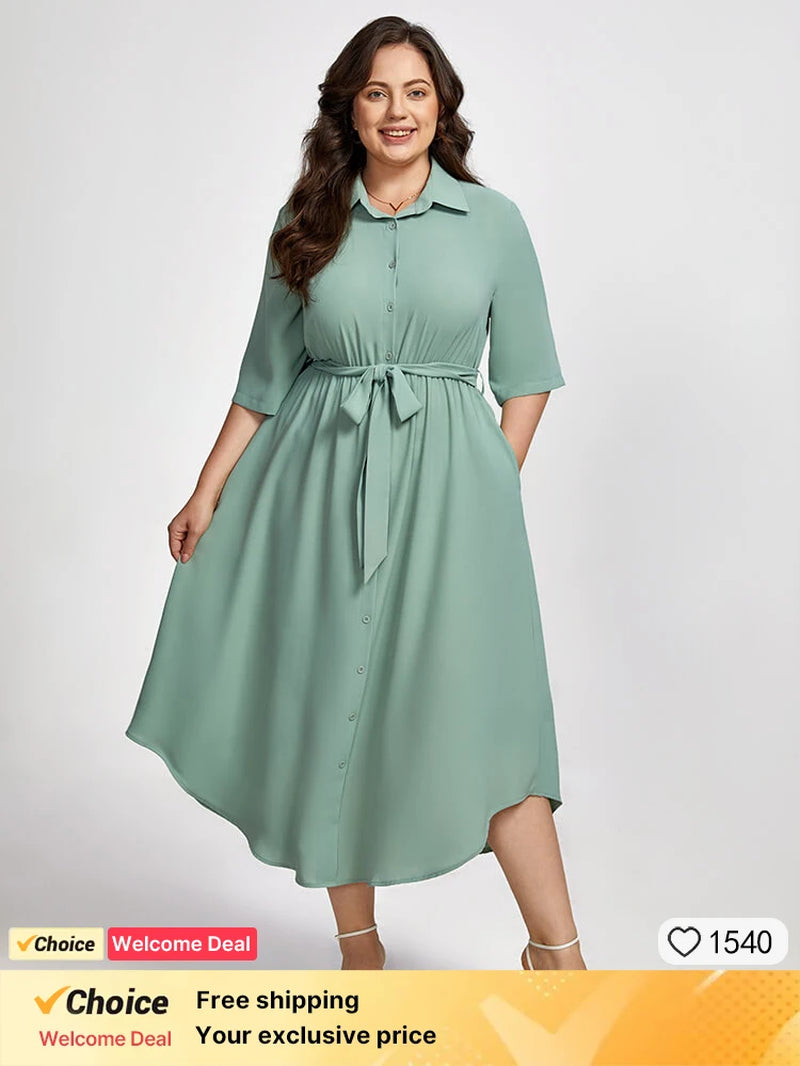 Plus Sized Clothing Elegant Office Dress for Women Solid Button Front Belt Waisted a Line Mid Calf Business Work Midi Dress