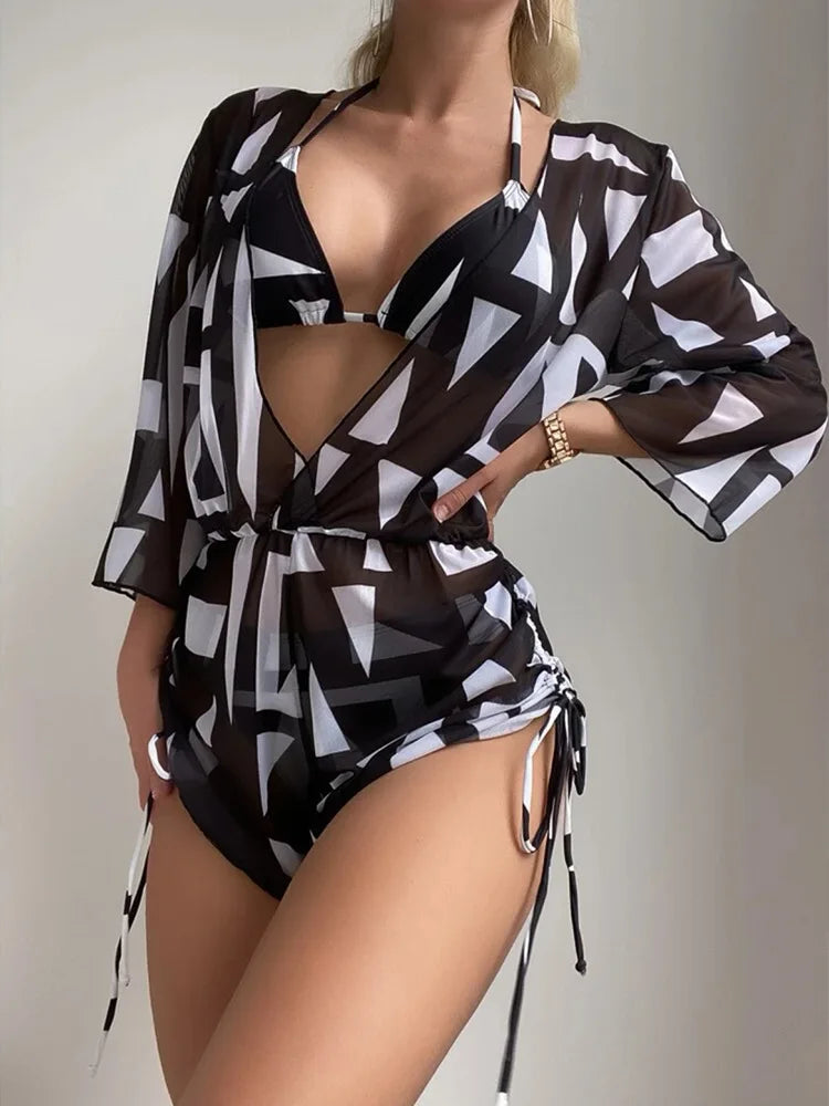 Sexy 3-Piece Floral Bikini Set – Drawstring Beachwear with Bodysuit