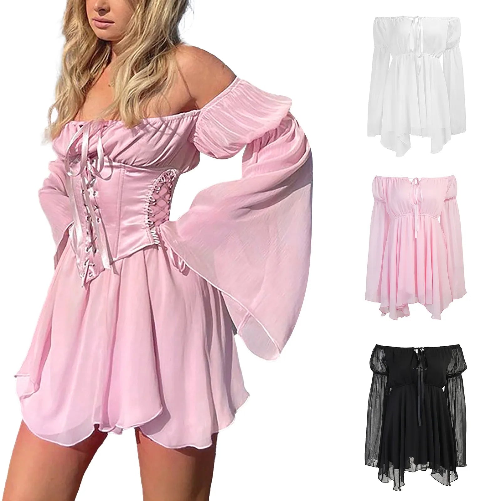 Women'S Summer Chiffon Dress Sexy Off Shoulder Flare Sleeve Dress Lace Up Corset Solid Casual Flowy Mini Dress Ropa De Mujer