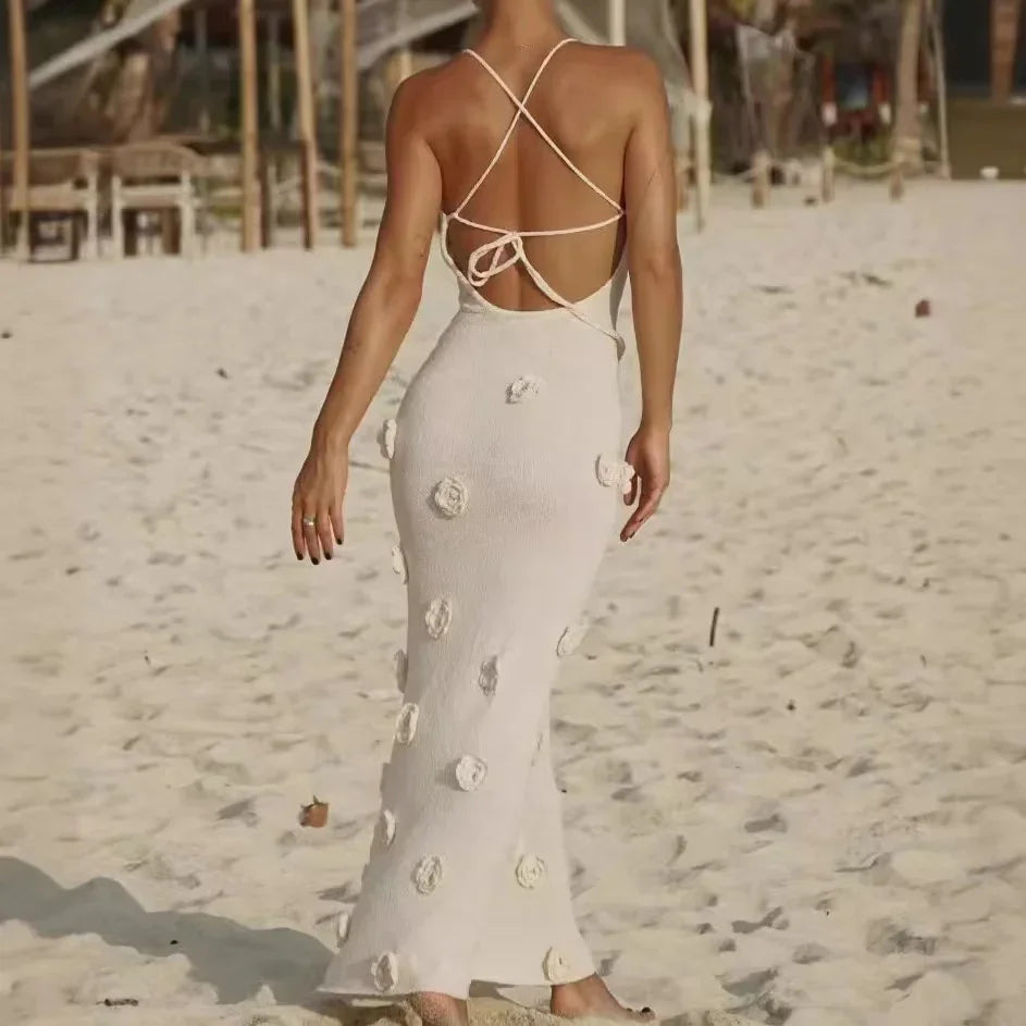2024 3D Flower Deep V Maxi Dress – Elegant Sleeveless Summer Beachwear