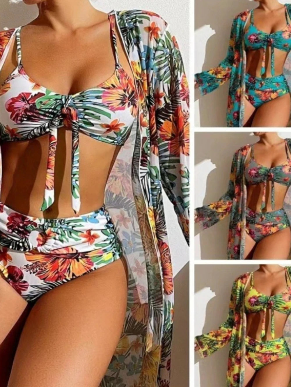 Sexy High Waisted Bikini Three Pieces Floral Printed Swimsuit Women Bikini Set with Mesh Long-Sleeved Blouse Size S-2XL 2024 New