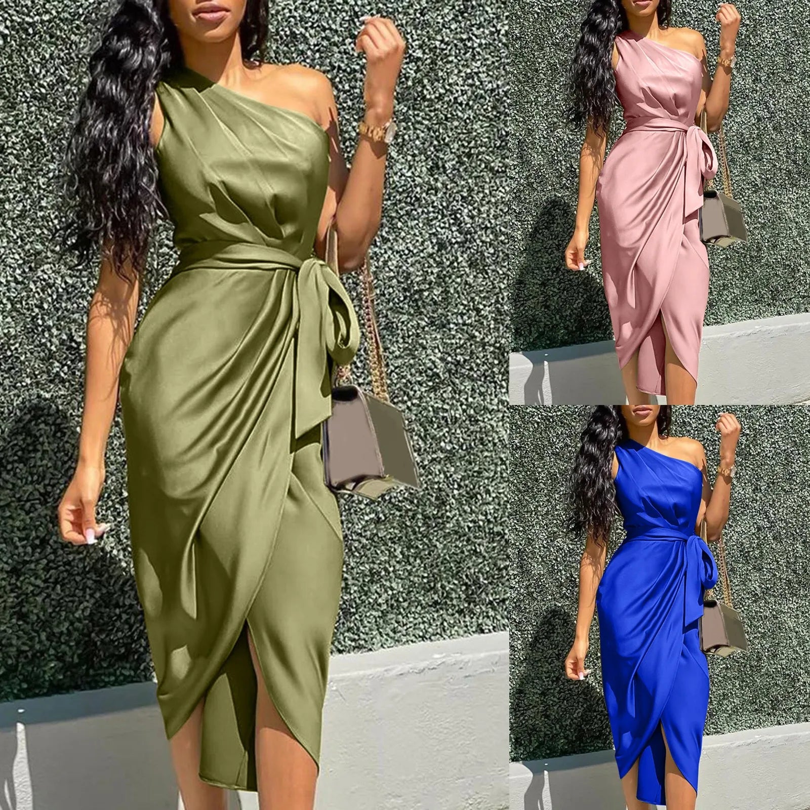 Elegant One-Shoulder Ruched Slit Evening Dress For Women 2024