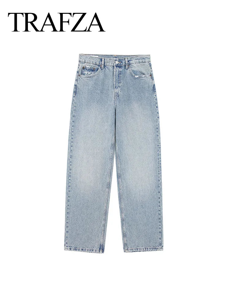 TRAF 2024 Fashion Women Casual Loose High Waist Blue Denim Trousers Female Wide Leg Jeans Long Pants High Street Ripped Jeans
