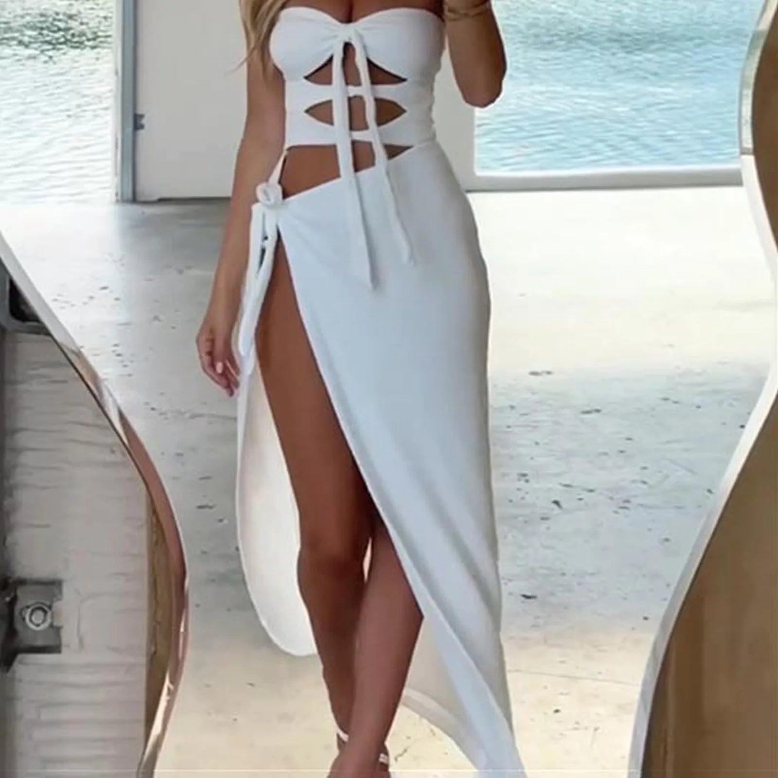 Lace Up Hollowed Out Ultra Long Dress Side Slit Sleeveless Off Shoulder Elegant Dancing Party Dresses For Women Plus Size