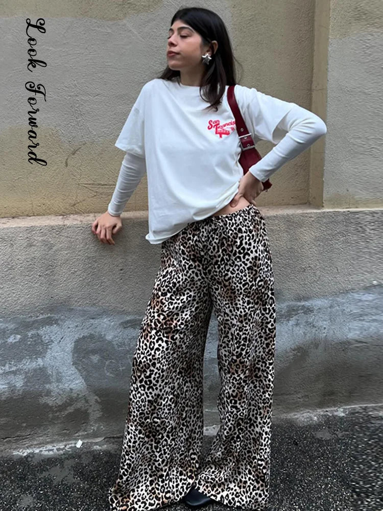 Fashion Vintage Leopard Print Wide-leg Pants Women Casual High-waisted Trouser 2024 Spring Summer Office Lady Clothes Streetwear