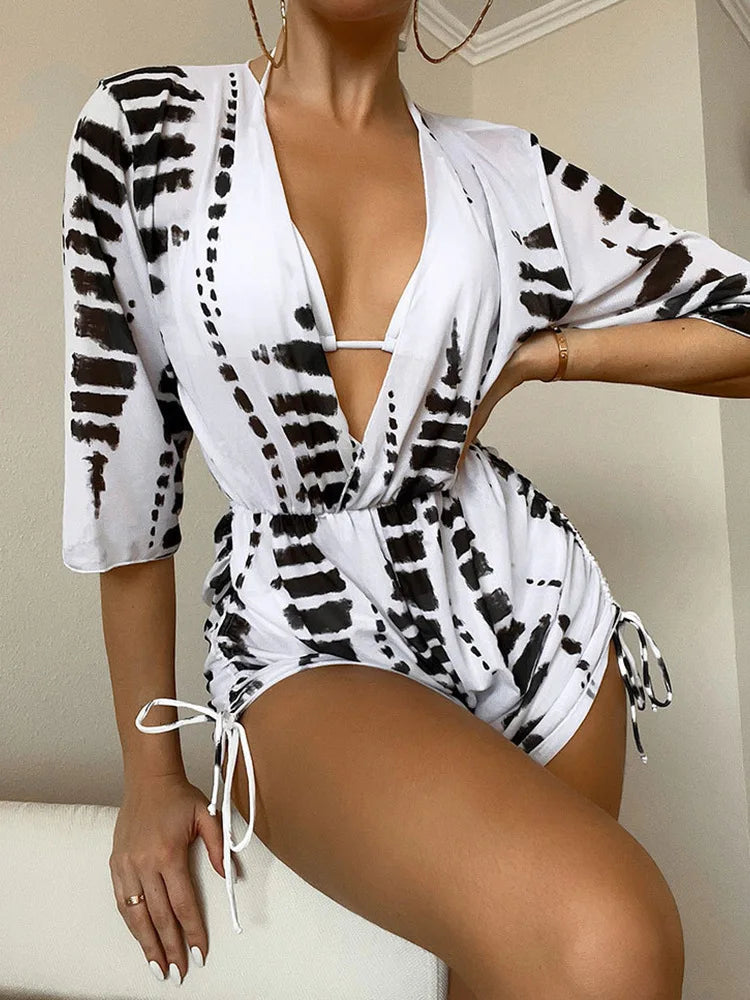 Sexy 3-Piece Floral Bikini Set – Drawstring Beachwear with Bodysuit