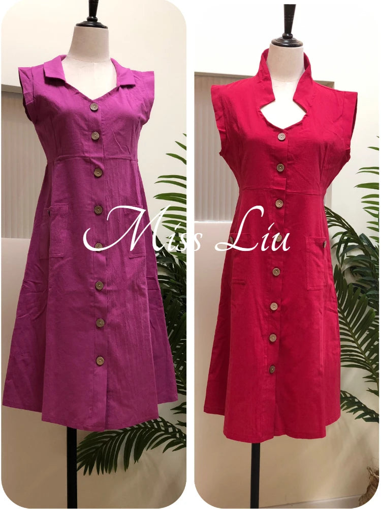 2024 Vintage Linen & Cotton V-neck Dress For Women