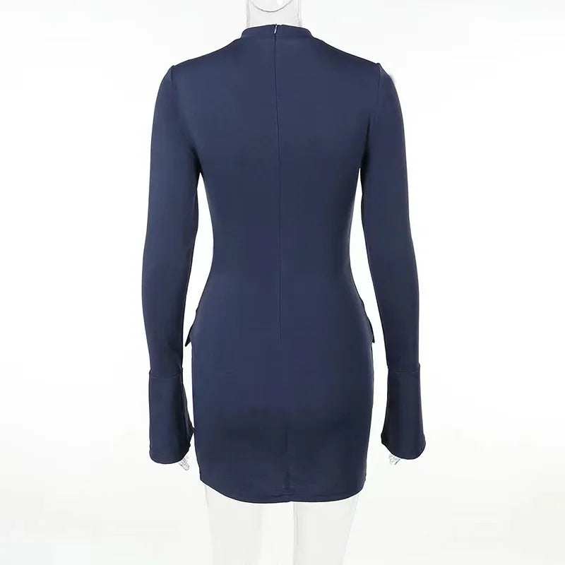 Elegant Long Sleeve Bodycon Mini Dress with Pockets – Sexy Party Outfit