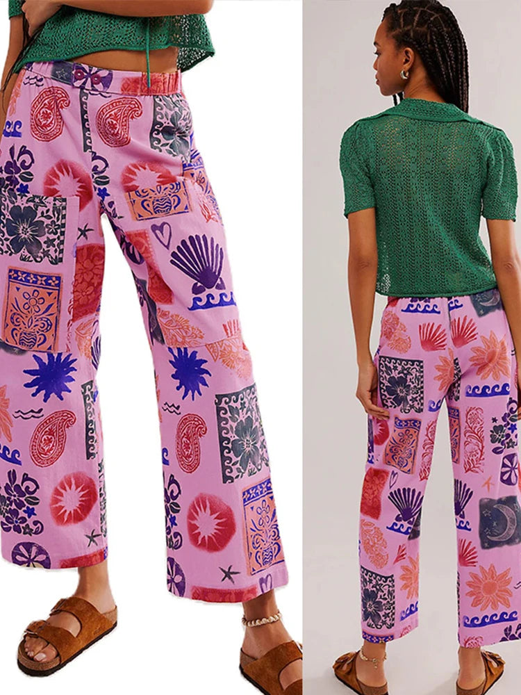 Loose Y2K Printed Pants Women Elastic Waist Wide Leg Multi Pocket Trousers Female 2024 Summer Fashion Streetwear Lady Pant