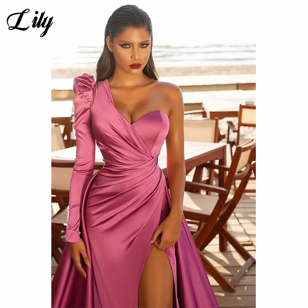 Lily Hot Pink Evening Dress One Shoulder Long Sleeves Prom Dress Sweetheart Satin Party Dress High Side Split Robe De Soirée